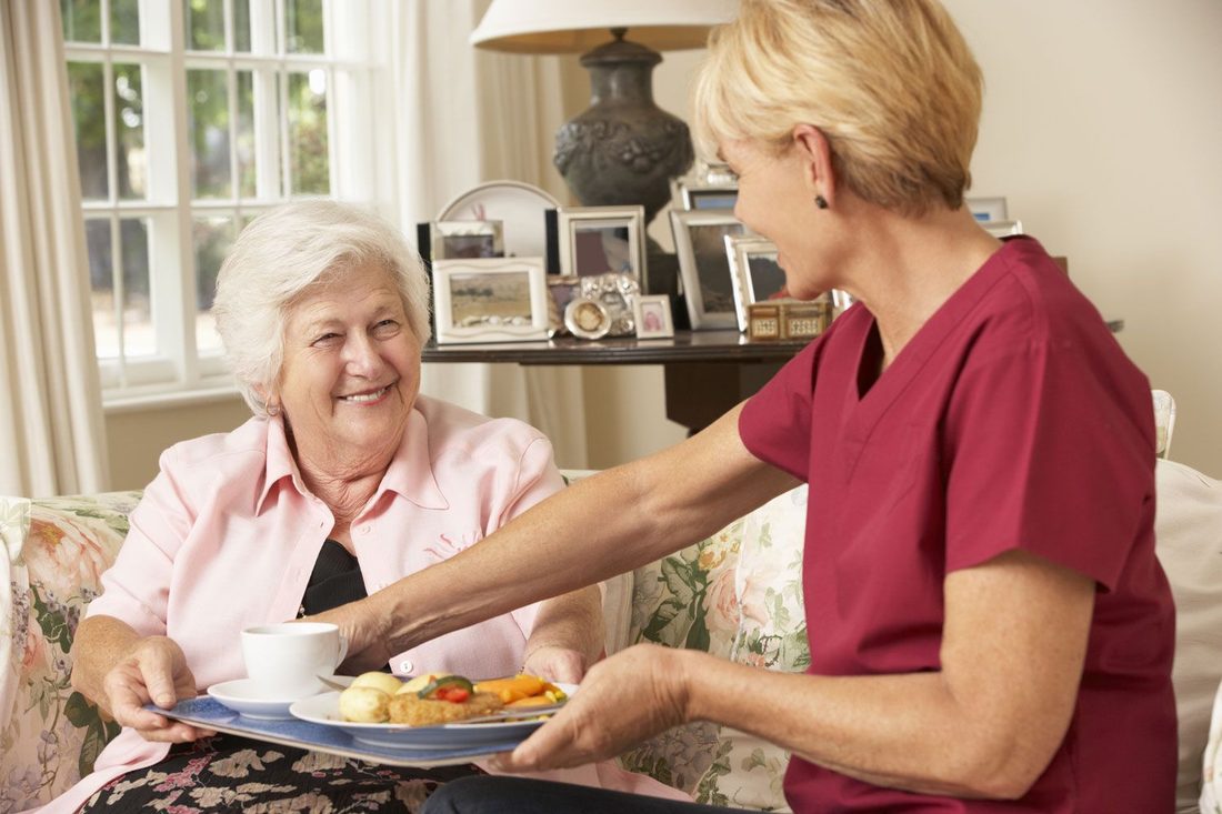 A Dove carer bringing a home-cooked meal to an older woman in her own living room